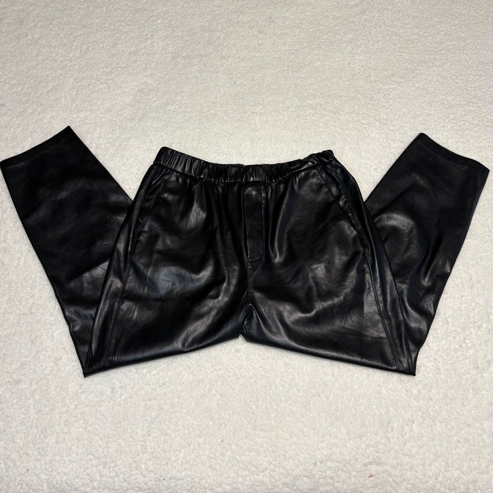 Zara Women Black Faux Leather Pull On High Rise Tapered Pants
